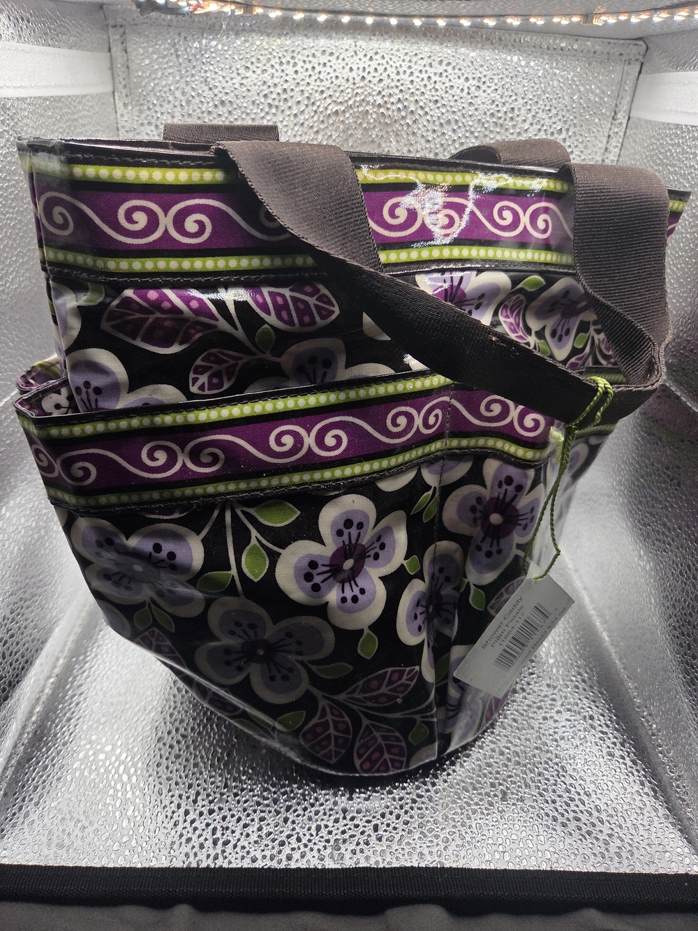 Purple Floral Tote Bag with Green Accents